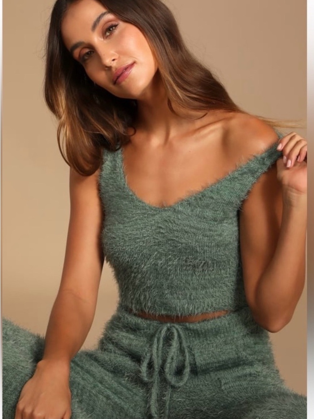 Lulu's Road To Cozy Fuzzy Knit Crop Tank and Drawstring Joggers Set - Sage Green - Picture 6 of 12